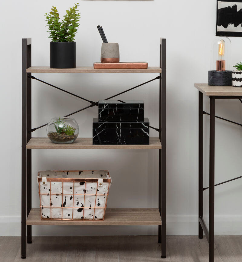 Orsina Bradbury 3-Tier Grey Oak Veneer Ladder Shelf Unit | Metal Frame