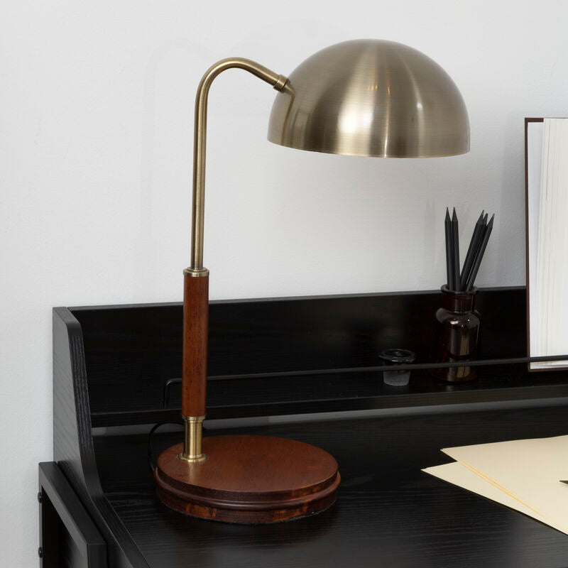 Orsina Sydnee Antique Brass Task Lamp with Wood Base - Desk Light