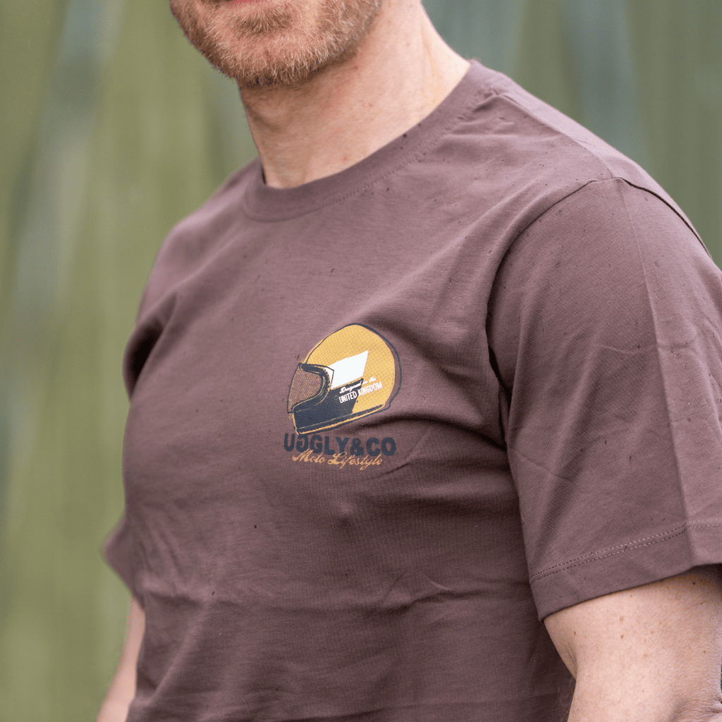 Uggly and Co Brown Helmet Graphic Tee – Heavyweight Cotton Moto Shirt