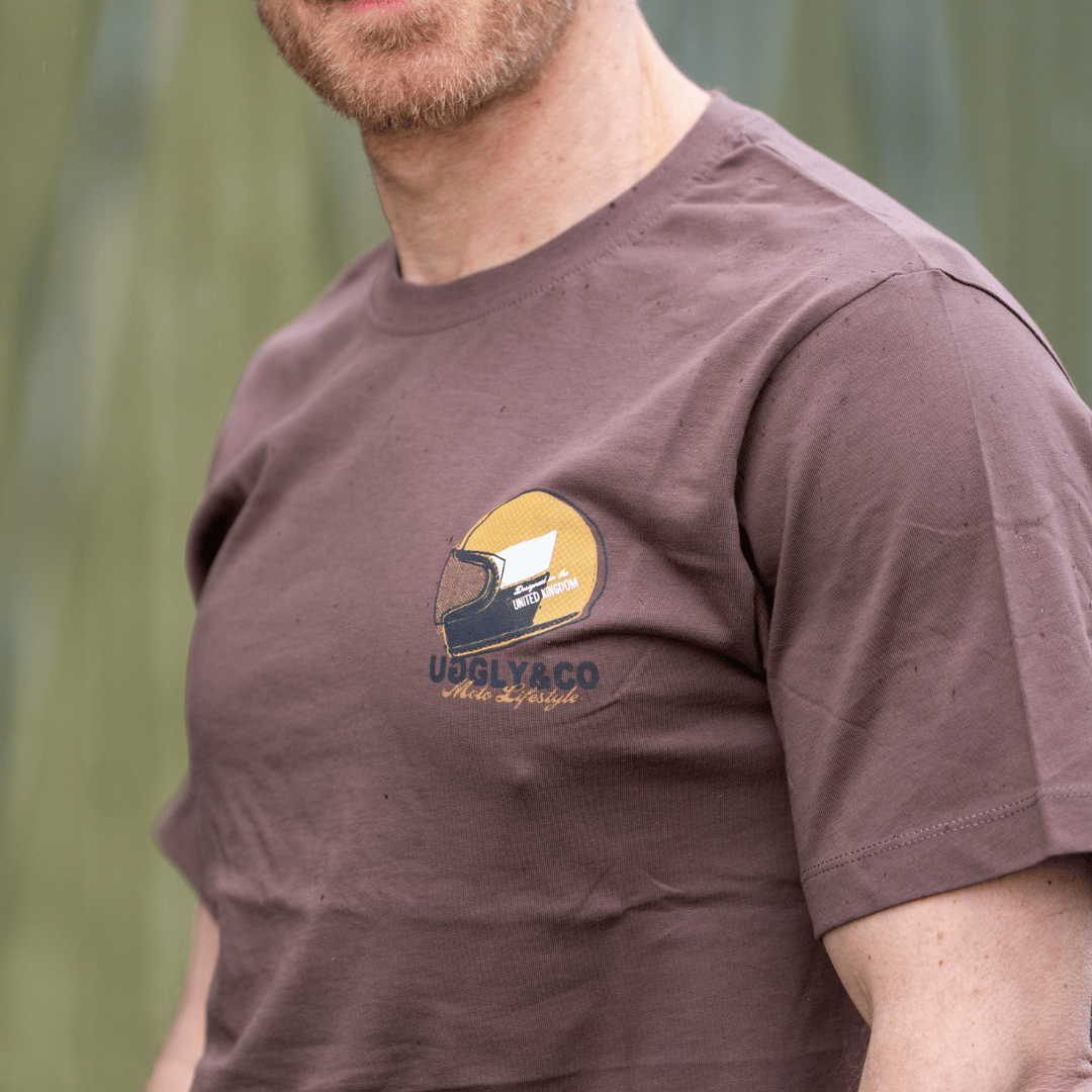 Uggly and Co Brown Helmet Graphic Tee – Heavyweight Cotton Moto Shirt