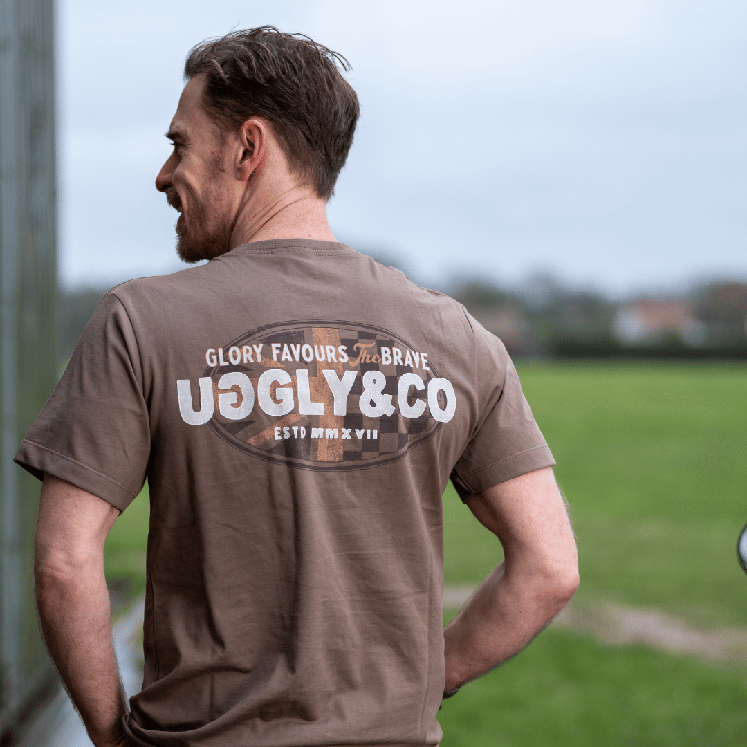 Uggly and Co Brown Union Jack Tee – Vintage Cotton Racing Graphic T-Shirt