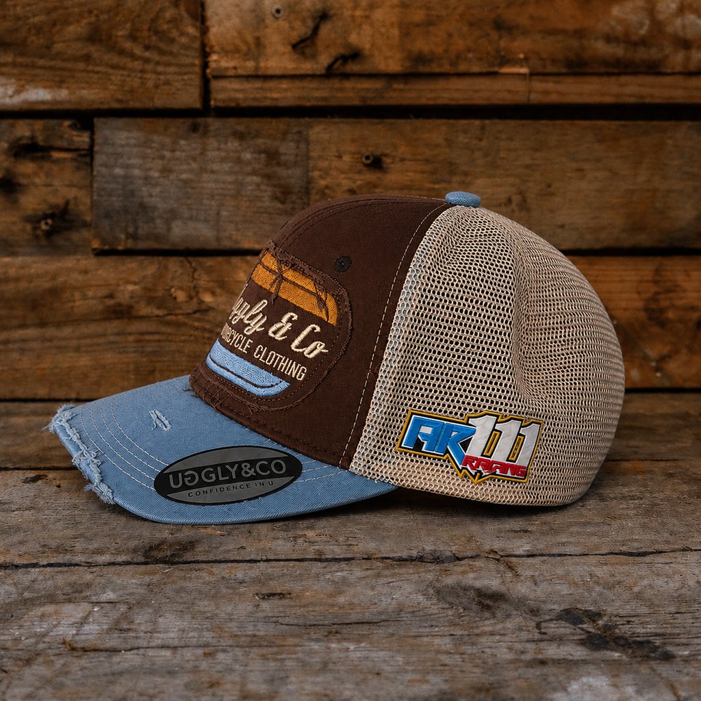 Uggly and Co Flat Track Trucker Hat – Dusty Blue and Brown Vintage Cap