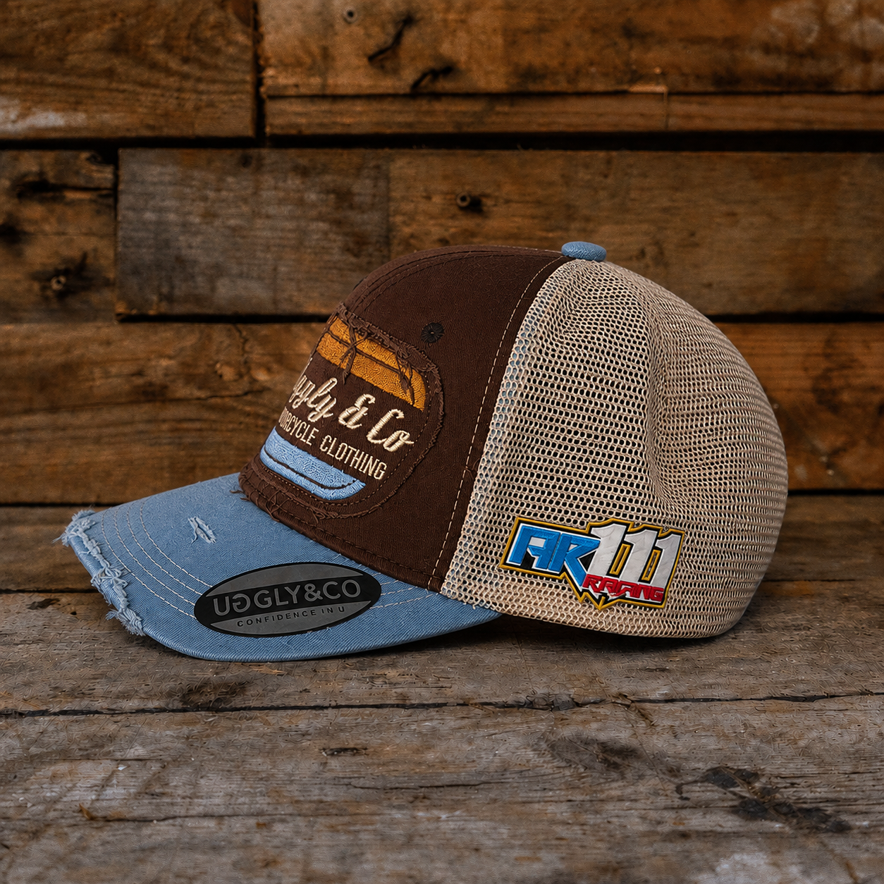 Uggly and Co Flat Track Trucker Hat – Dusty Blue and Brown Vintage Cap