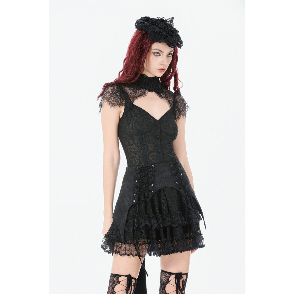 Kate's Clothing Black Floral Lace High-Neck Gothic Corset Top