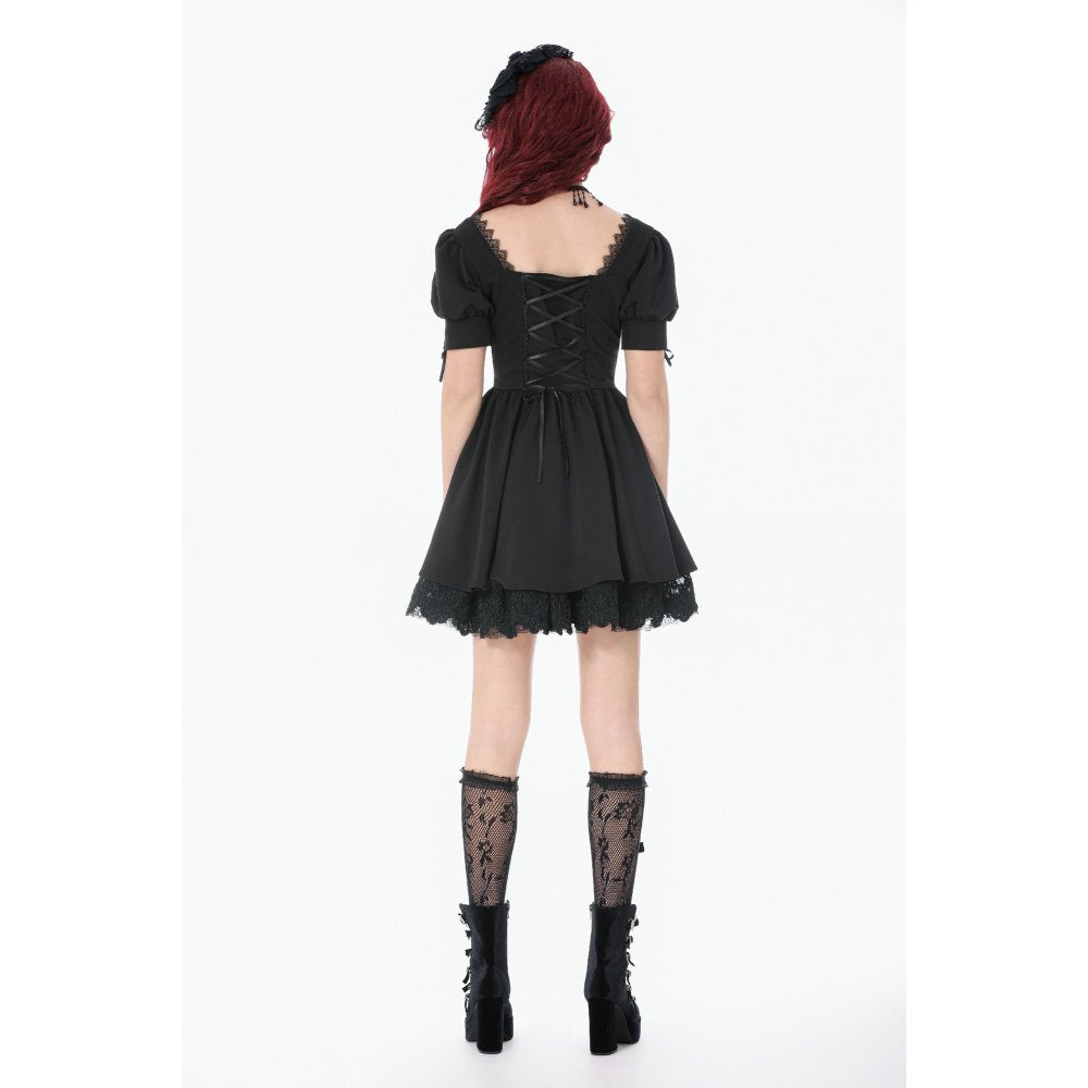 Dark in Love Gothic Lace Square-Neck Puff Sleeve Dress – Black