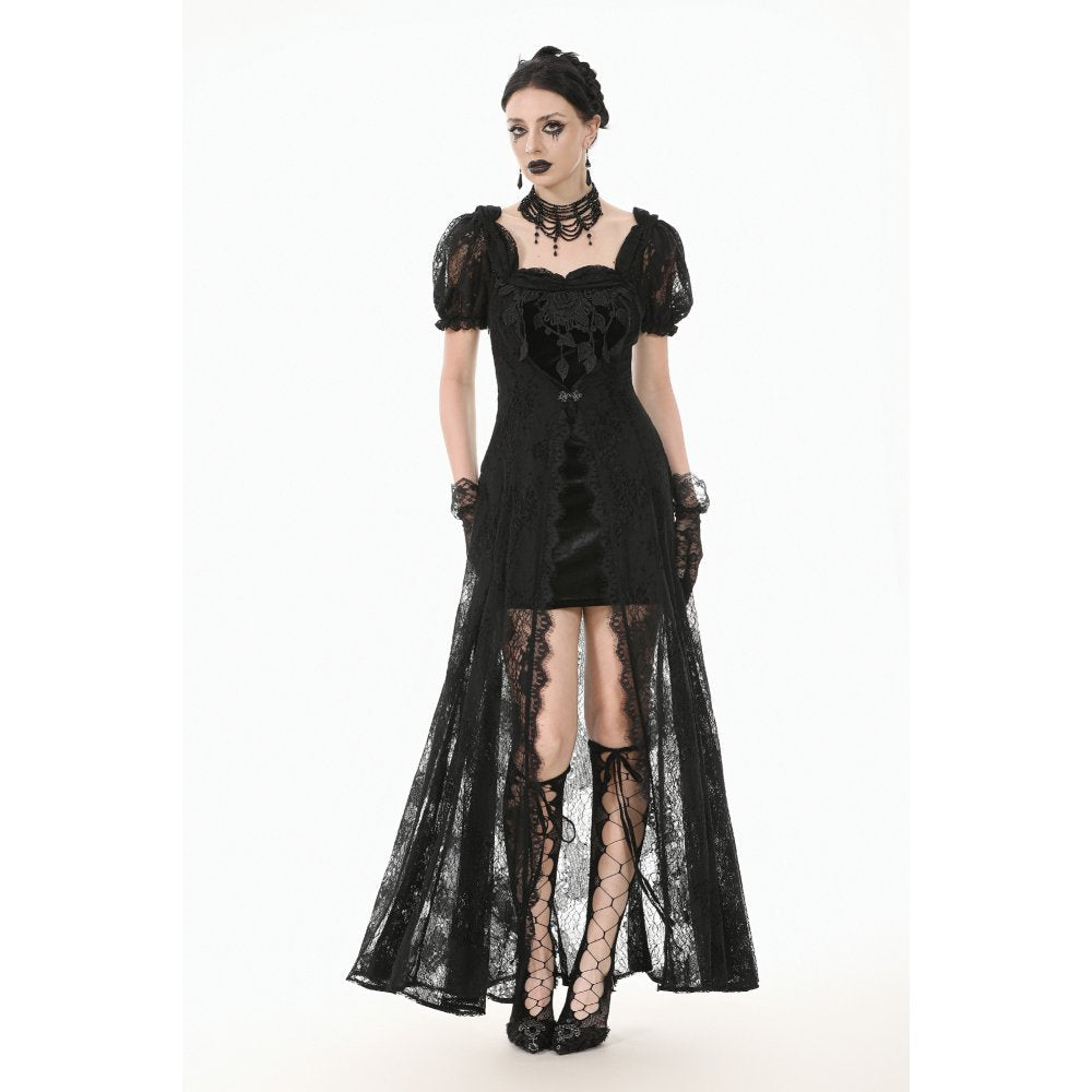 Dark in Love Morwenna Black Lace Gothic Maxi Dress with Train