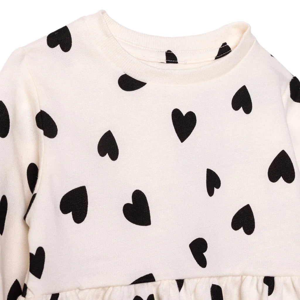 HelloBaby Girls Dress Heart Crew Neck Long Sleeve - Ecru Printed