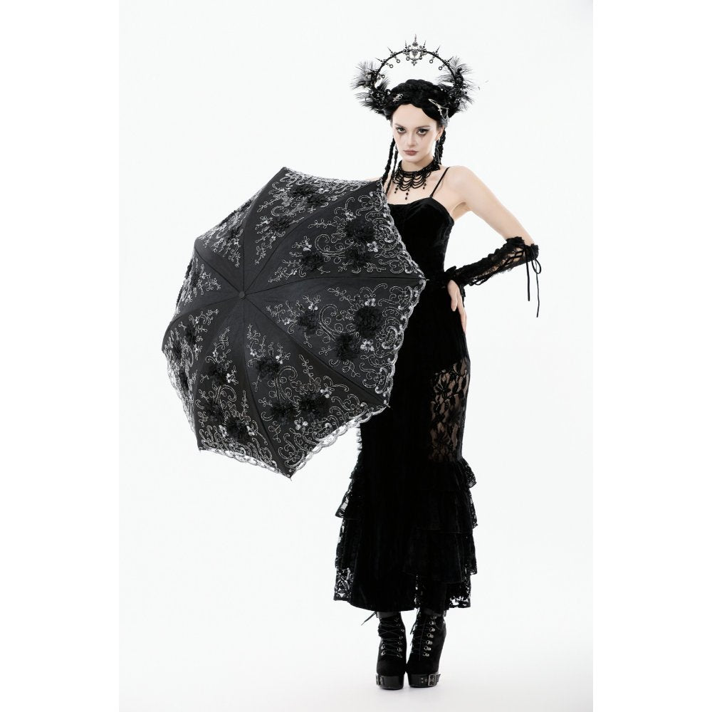 Dark in Love Belladonna Embroidered Folding Parasol – Black Gothic Sunshade