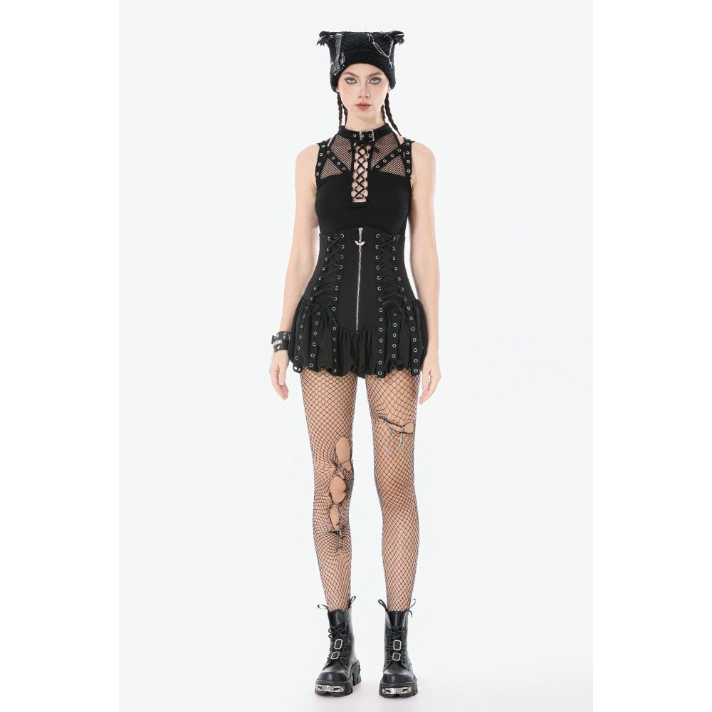 Dark in Love Ruth Gothic Mesh Sleeveless Top – Fishnet & Faux Leather