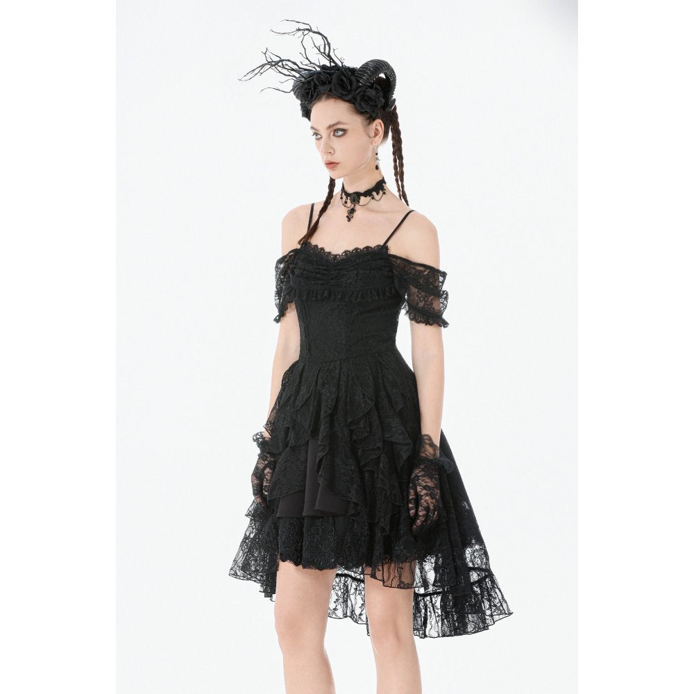 Dark in Love Gothic Lace High-Low Dress – Black Off-Shoulder Gown