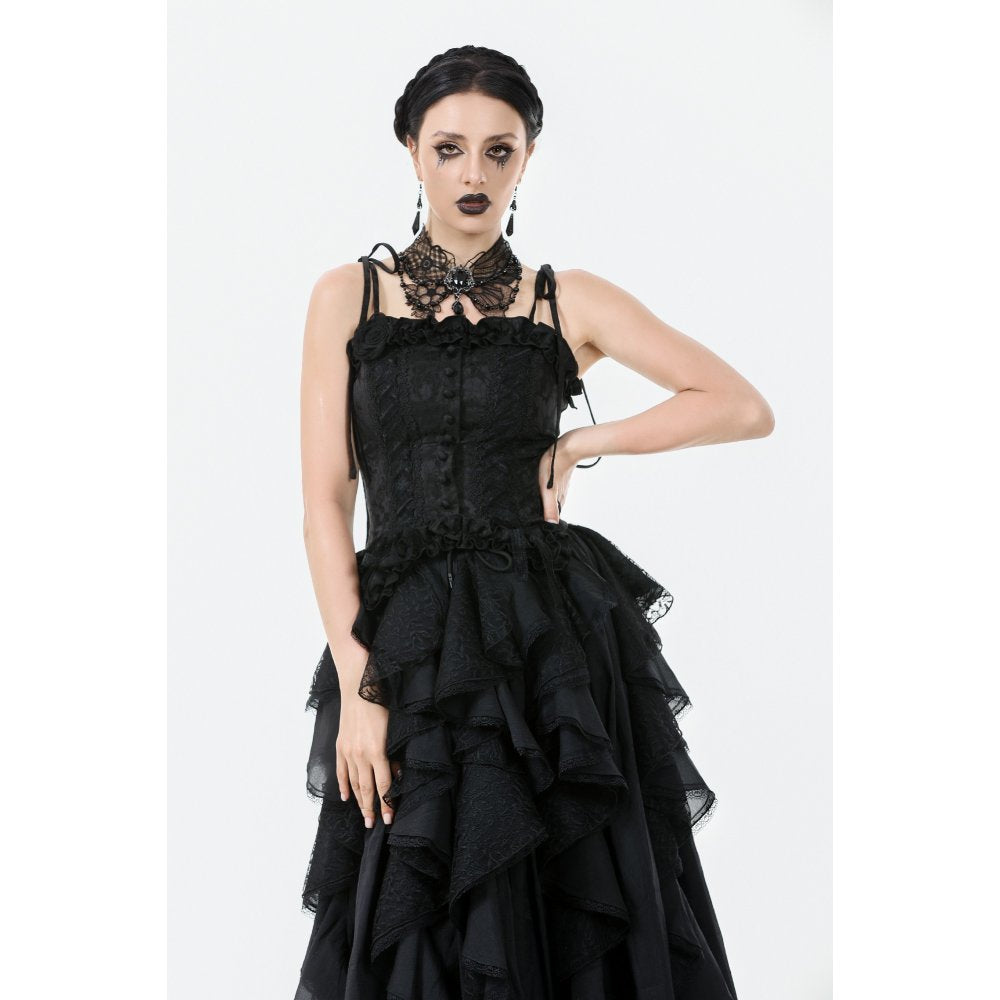 Dark in Love Selene Black Floral Jacquard Ruffled Corset Top