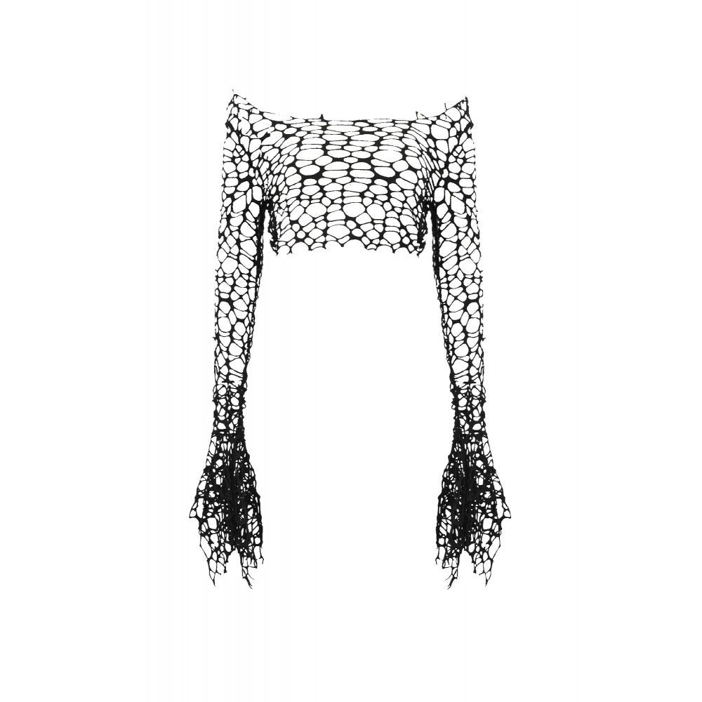 Dark in Love Morana Black Mesh Crochet Knit Bell Sleeve Crop Top
