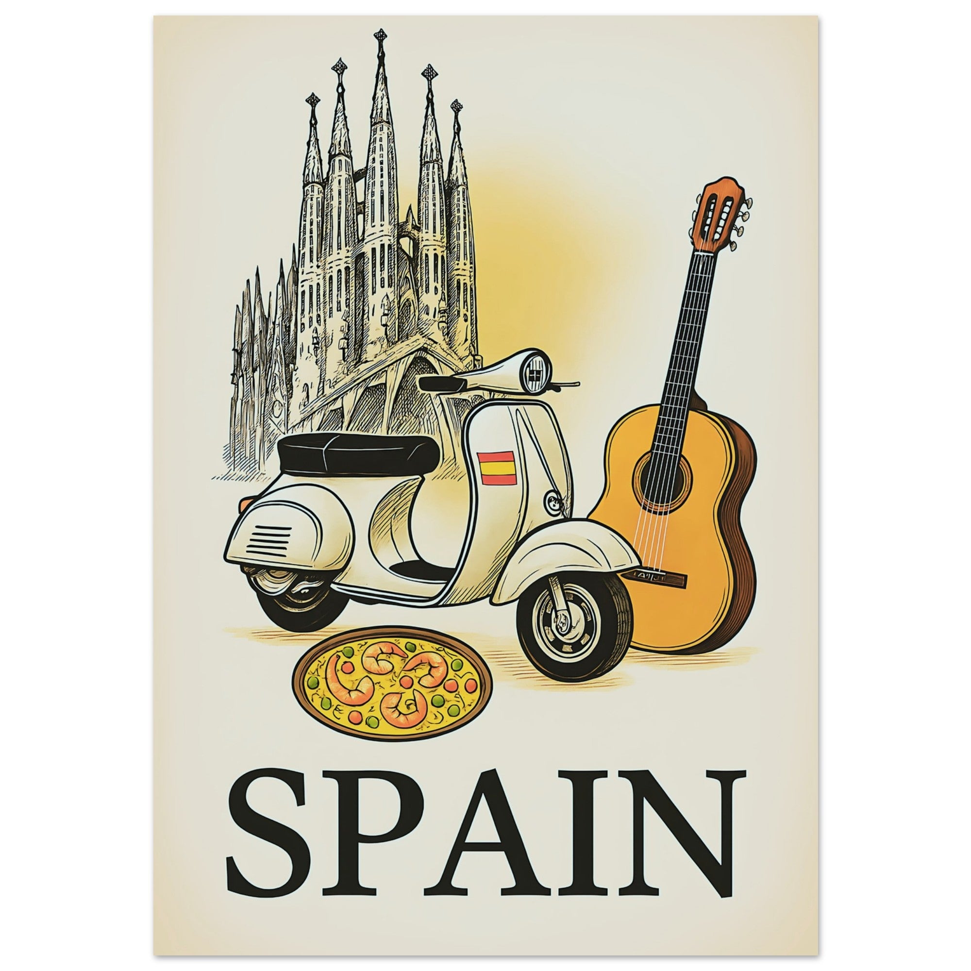 Vintage Spain Travel Poster – Guitar & Paella Wall Art – Spanish Home Decor