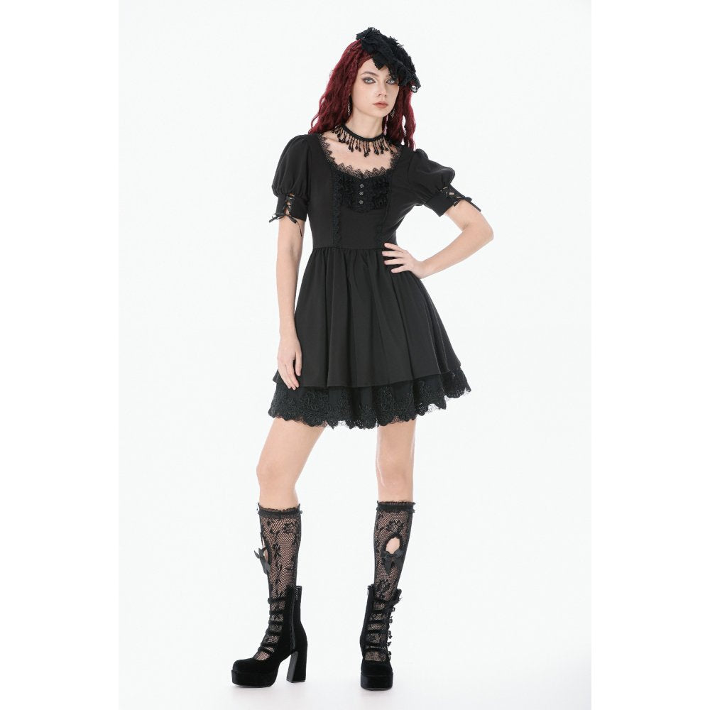 Dark in Love Gothic Lace Square-Neck Puff Sleeve Dress – Black