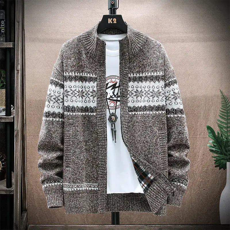 Men’s Printed Stand-Collar Cardigan Jacket – Warmth & Style in Multiple Colors