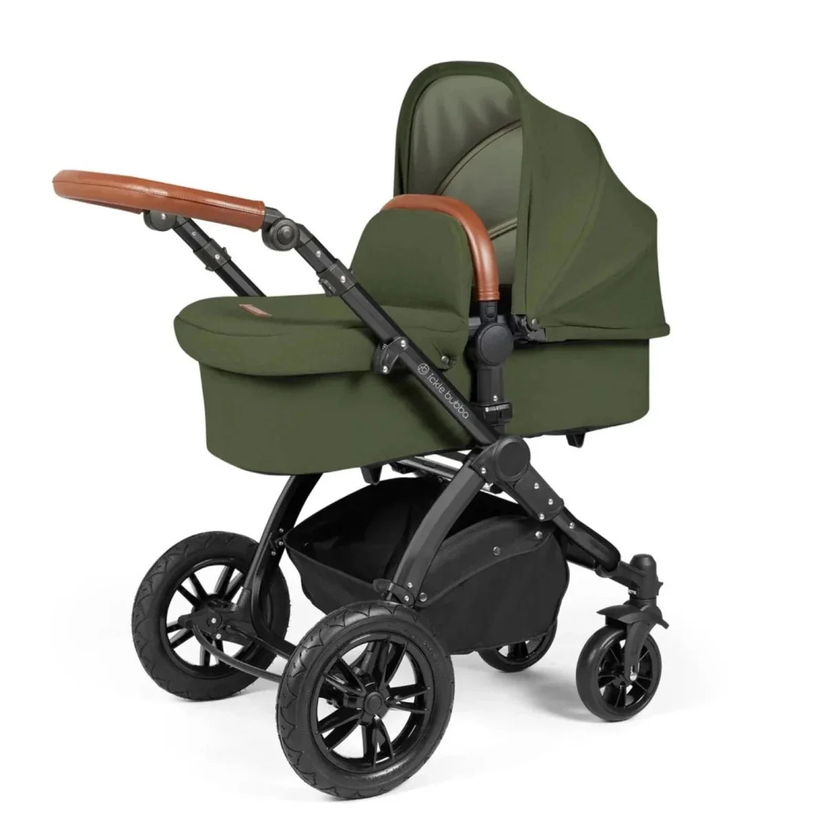 Ickle Bubba Stomp Luxe Travel System with i-Size Stratus Car Seat & ISOFIX Base 12 pcs - Black & Woodland & Tan