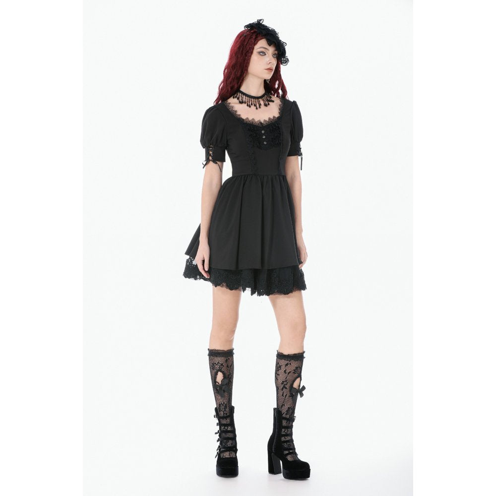 Dark in Love Gothic Lace Square-Neck Puff Sleeve Dress – Black