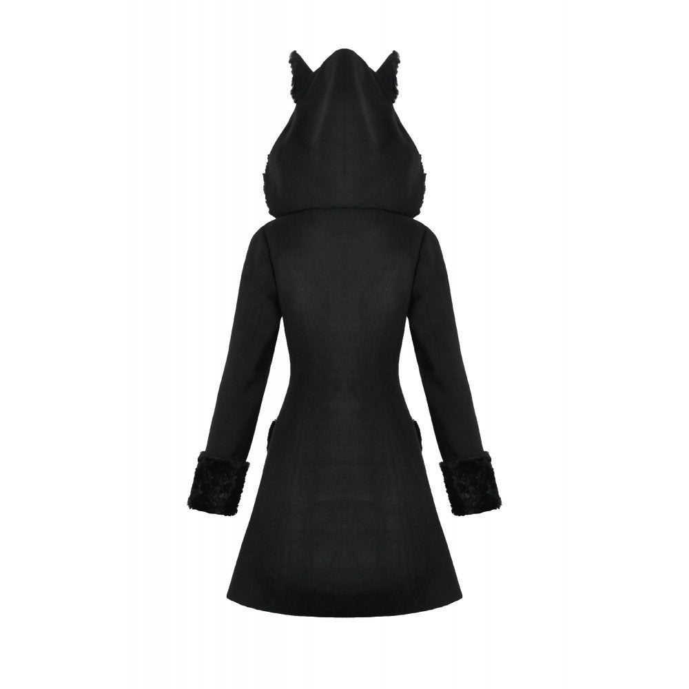 Dark in Love Cat-Ear Faux Fur Trim Gothic A-Line Skater Coat