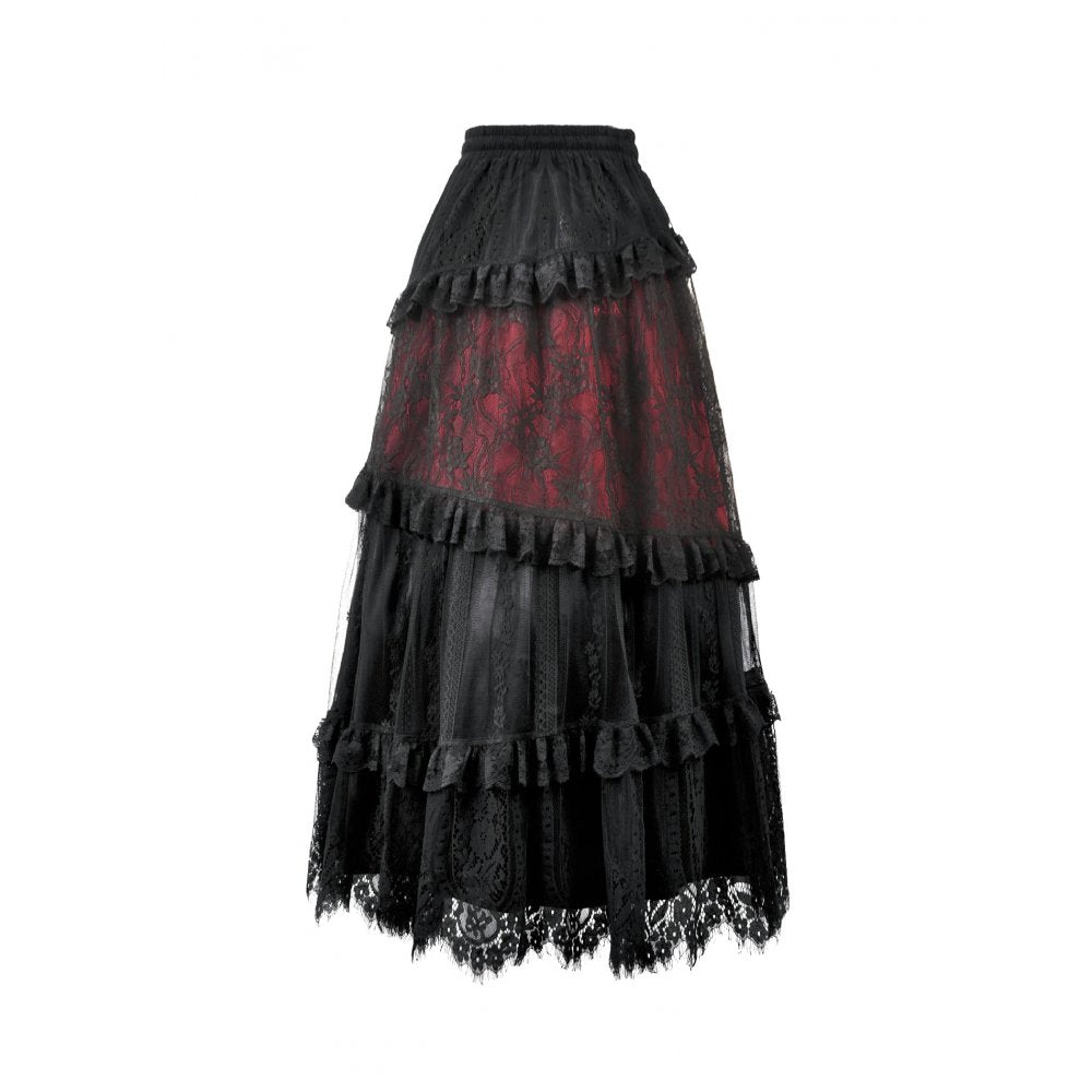 Dark in Love Spliced Lace Maxi Skirt – Gothic Black and Red Layered