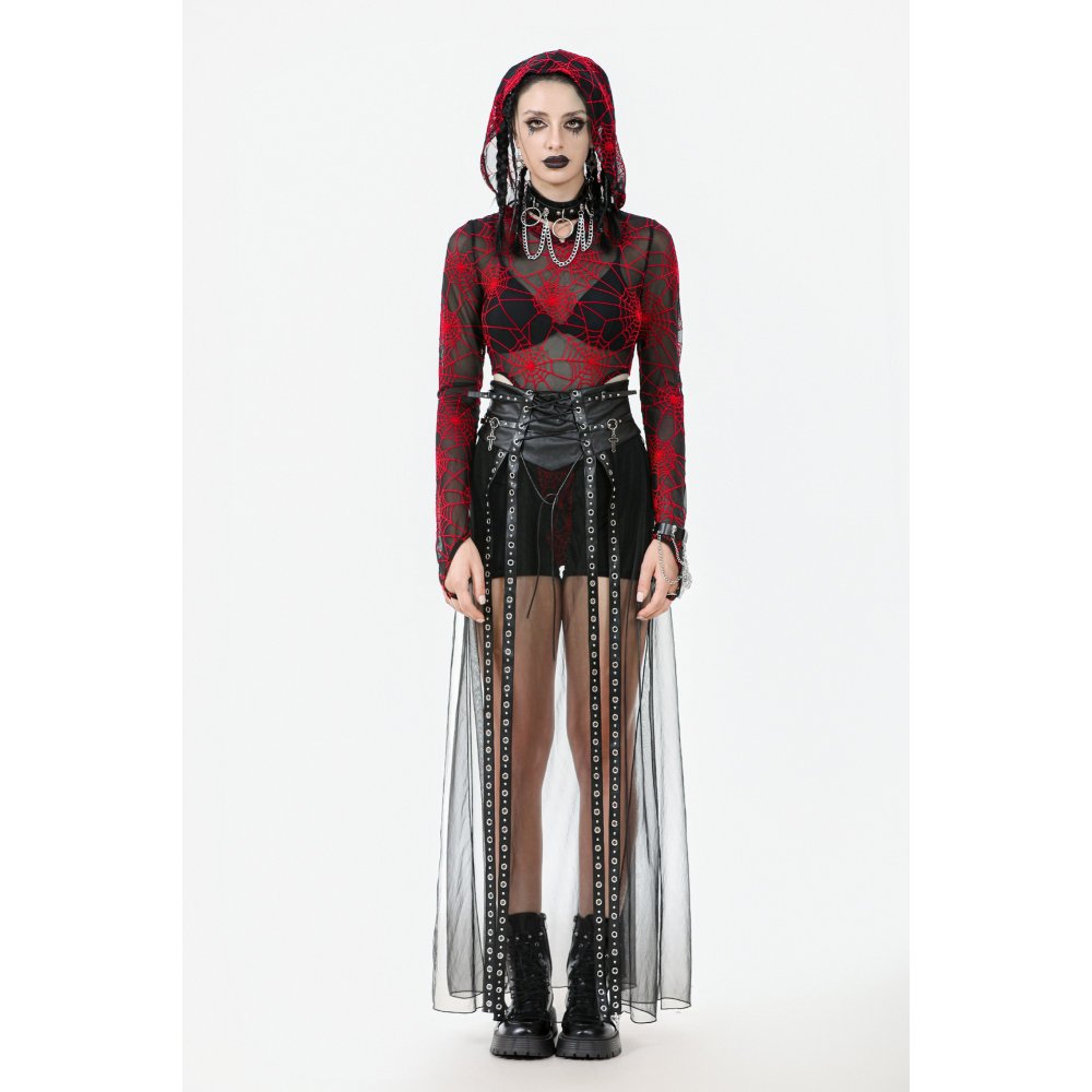 Dark in Love Gothic Sheer Mesh Maxi Skirt with PU Corset Belt - Black