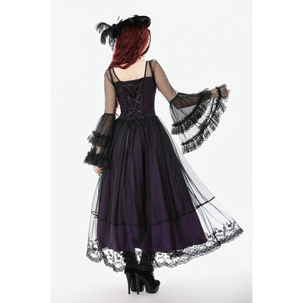 Dark in Love Lilith Gothic Maxi Dress – Black & Plum Bell Sleeve
