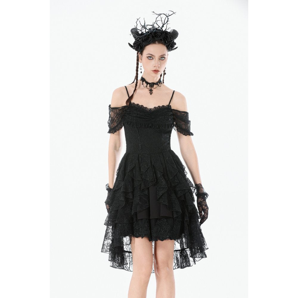 Dark in Love Gothic Lace High-Low Dress – Black Off-Shoulder Gown