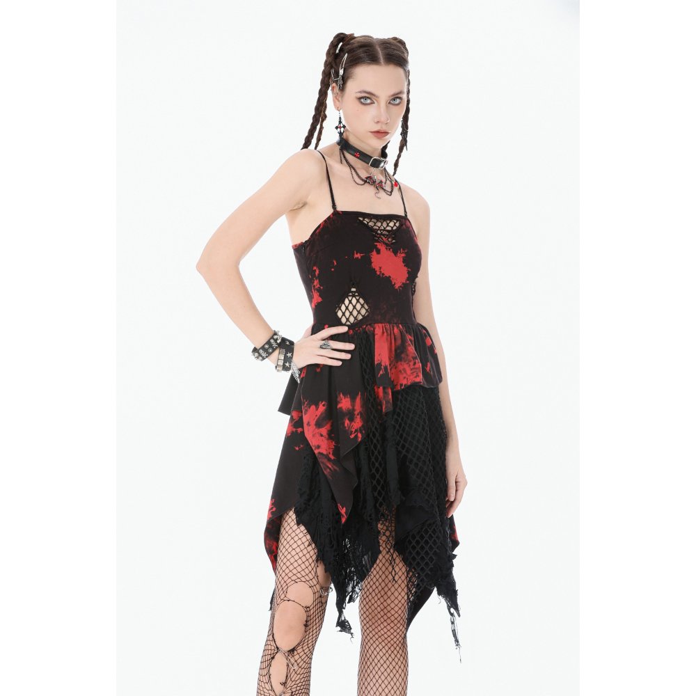 Dark in Love Red & Black Tie Dye Punk Dress | Asymmetric Mesh Goth Style