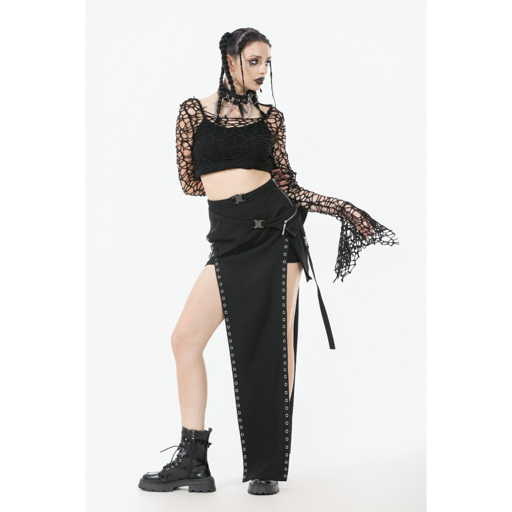 Dark in Love Morana Black Mesh Crochet Knit Bell Sleeve Crop Top