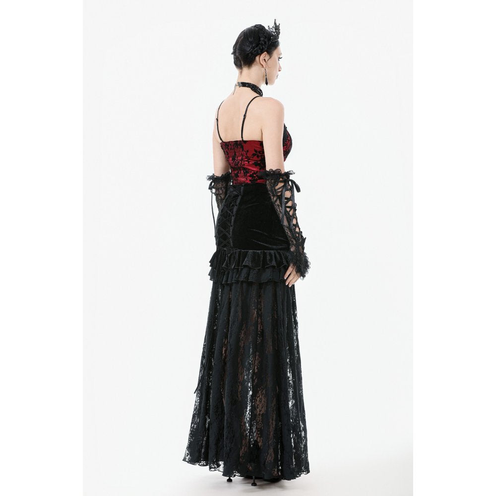 Dark in Love Gothic Lace Velvet Layered Maxi Skirt – Black Victorian