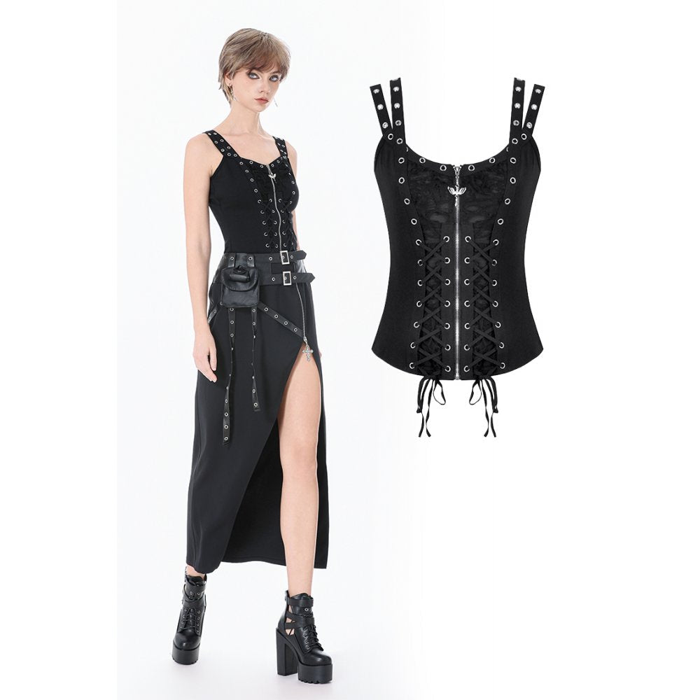 Dark in Love Punk Lace-Up Corset Top – Cotton Mesh Vest with Eyelets
