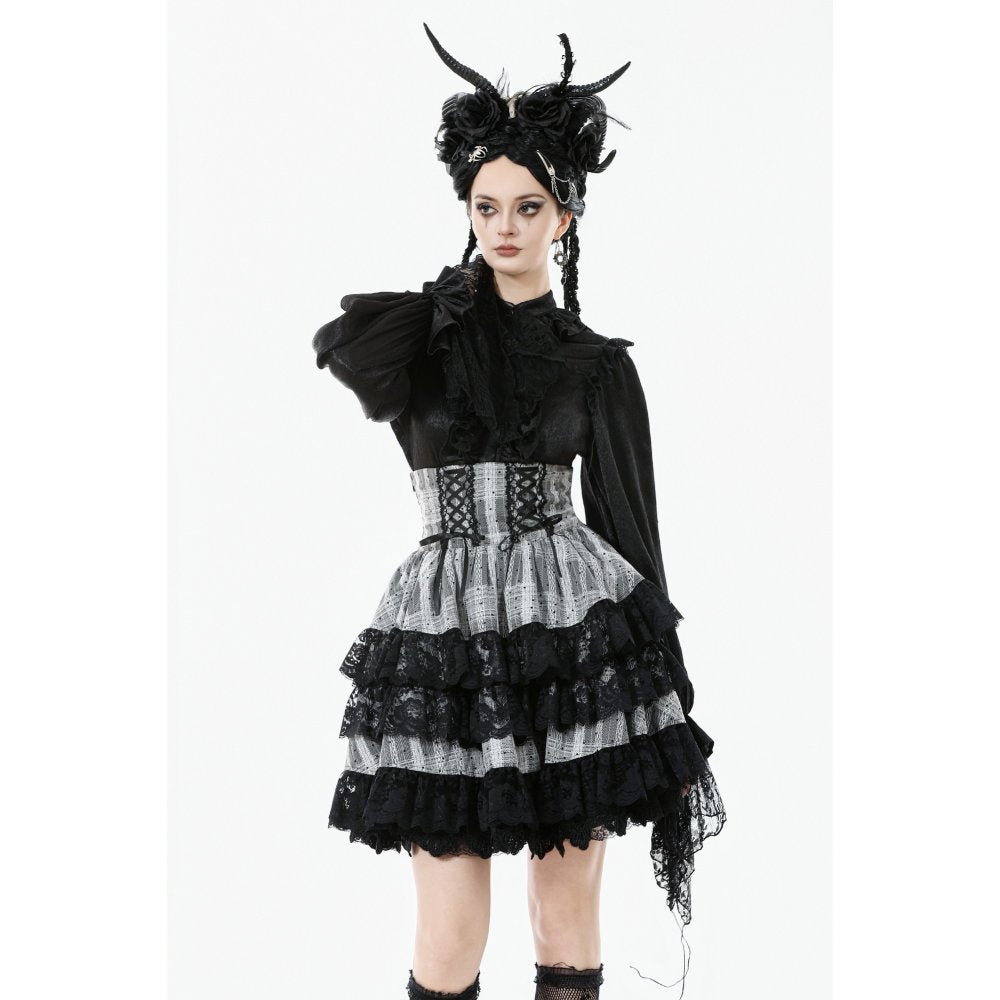 Dark in Love Hexa Layered Tartan Mini Skirt – Gothic Black Lace Punk
