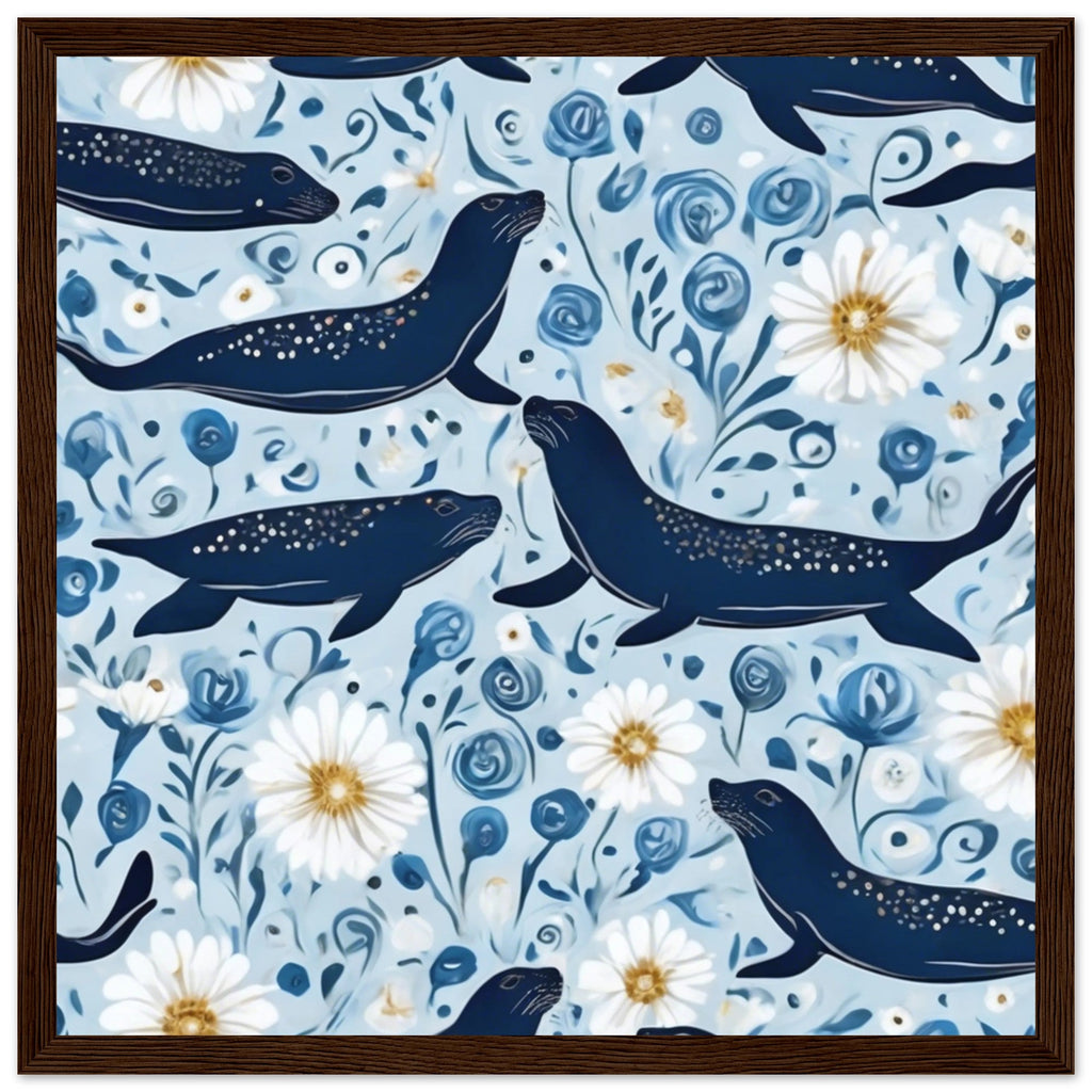 Whimsical Seal and Daisy Framed Wall Art – Coastal Nature Print, Ready to Hang