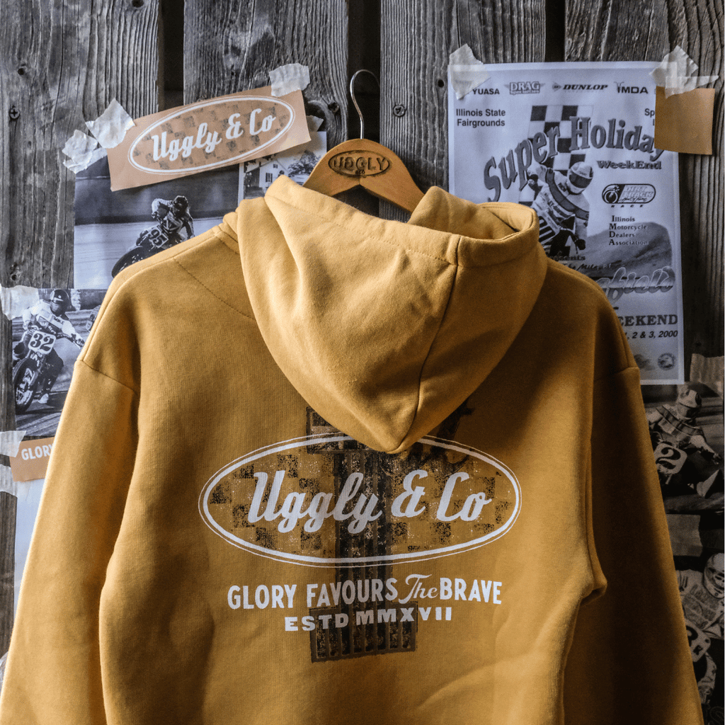 Uggly & Co Mustard No.1 Graphic Hoodie | Cotton Biker Racing Apparel