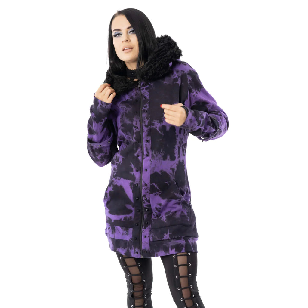 Heartless Catriona Black and Purple Tie Dye Fleece Hooded Jacket