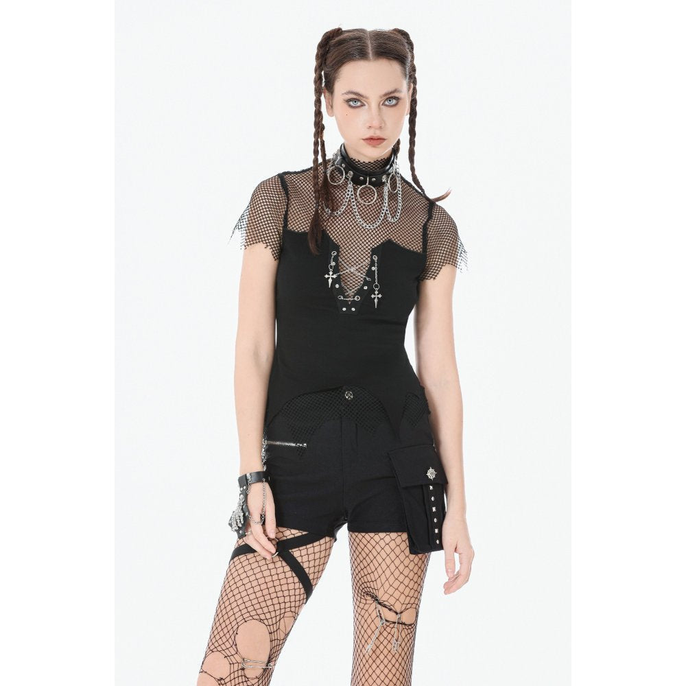Dark in Love Dark Punk Mesh Chain Top | Gothic Fishnet High-Neck Shirt