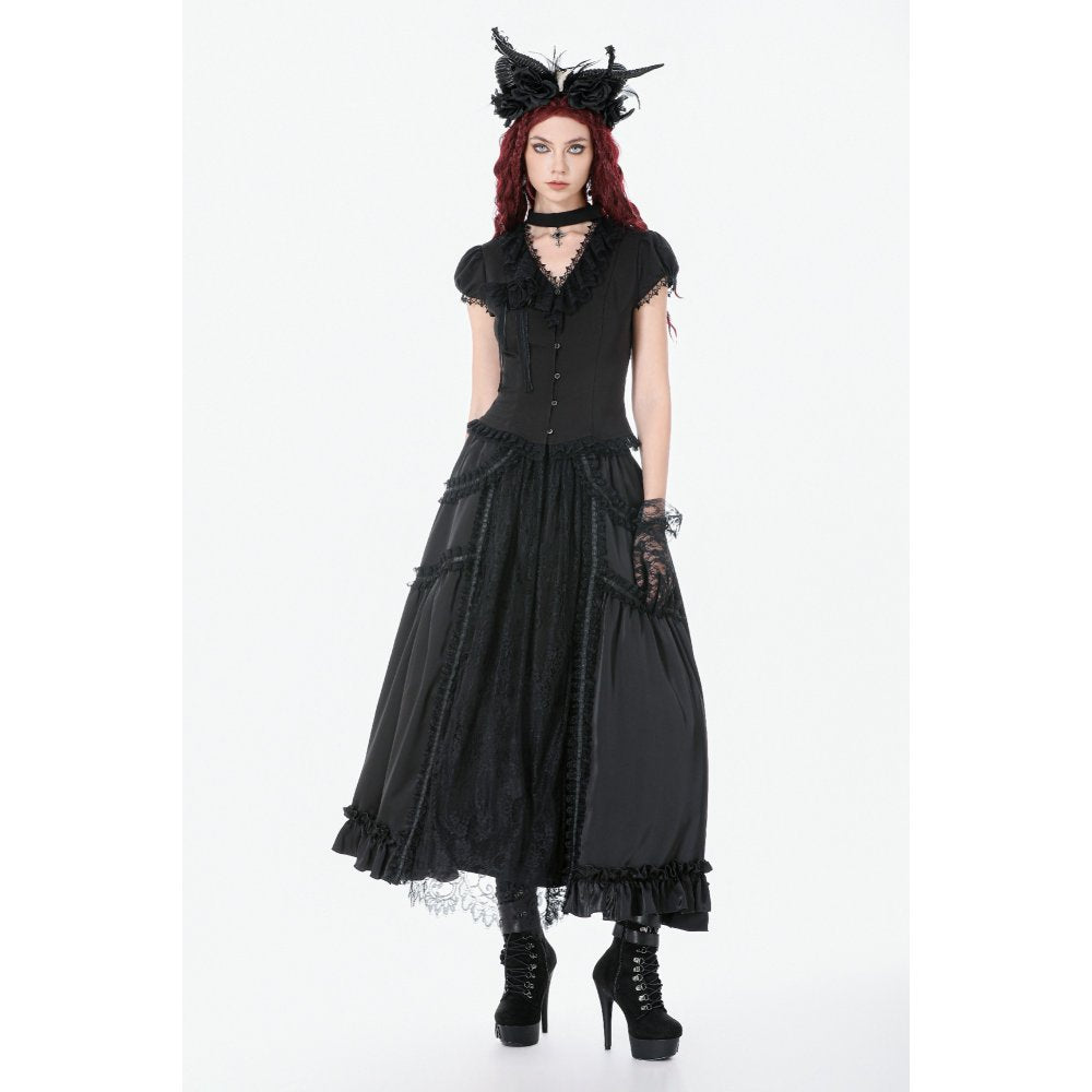 Dark in Love Courtly Cross Gem Gothic Blouse | Black Lace Puff Sleeve