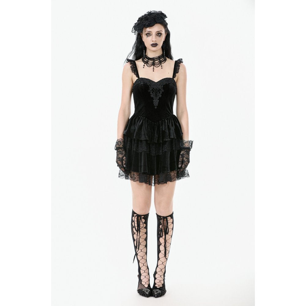 Dark in Love Nocturne Black Velvet Lace Ruffled Goth Dress