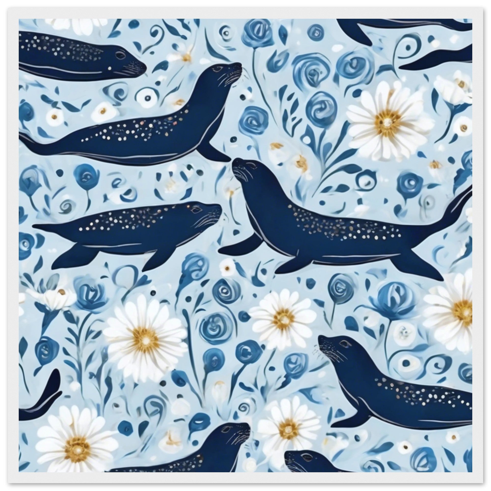 Whimsical Seal and Daisy Framed Wall Art – Coastal Nature Print, Ready to Hang