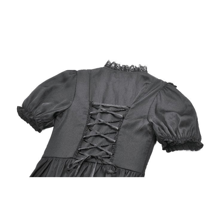 Dark in Love Belladonna Goth Dress – Black Lace-Up Puff Sleeve