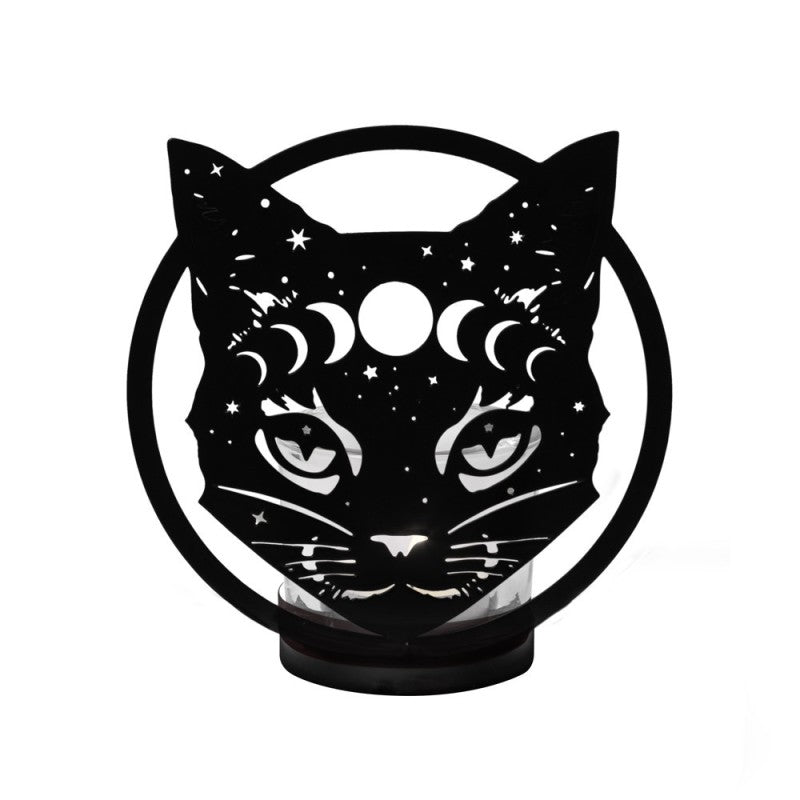 Alchemy Gothic Celestial Cat Tealight Holder – Black Iron Moon Decor