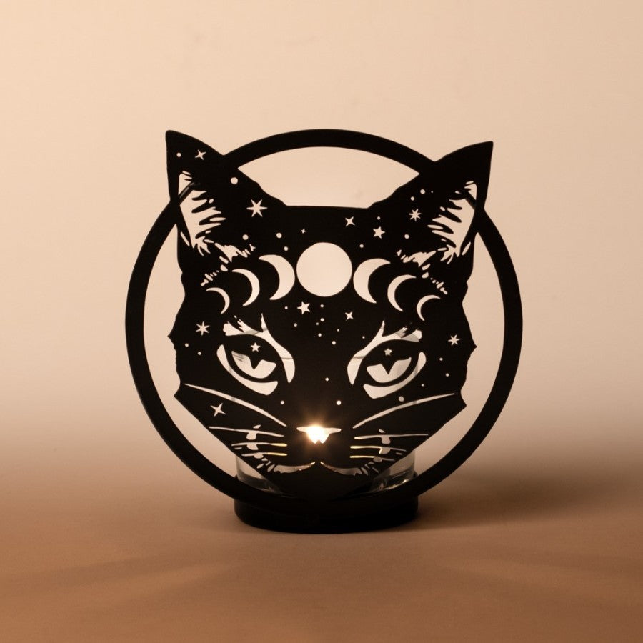 Alchemy Gothic Celestial Cat Tealight Holder – Black Iron Moon Decor