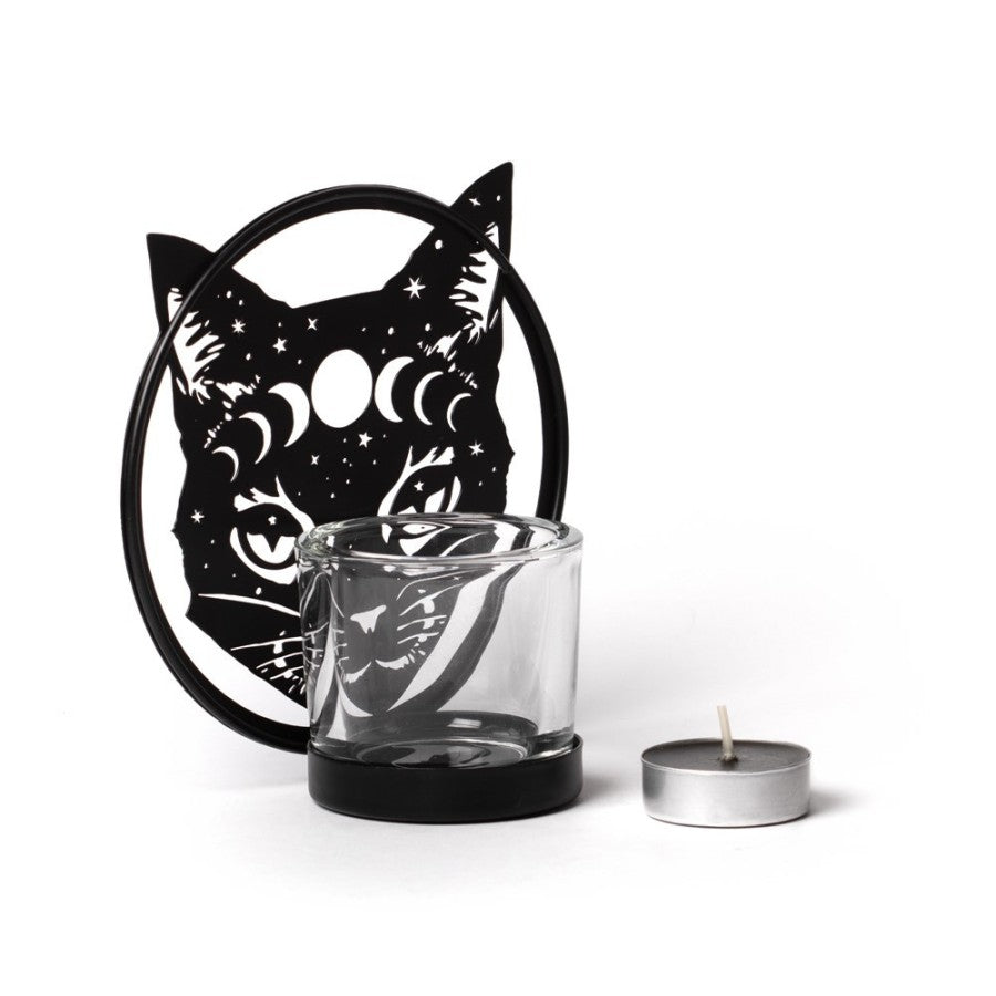 Alchemy Gothic Celestial Cat Tealight Holder – Black Iron Moon Decor