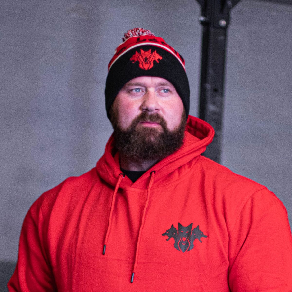 CERBERUS Strength Alpine Bobble Beanie – Red & Black Acrylic Knit Hat