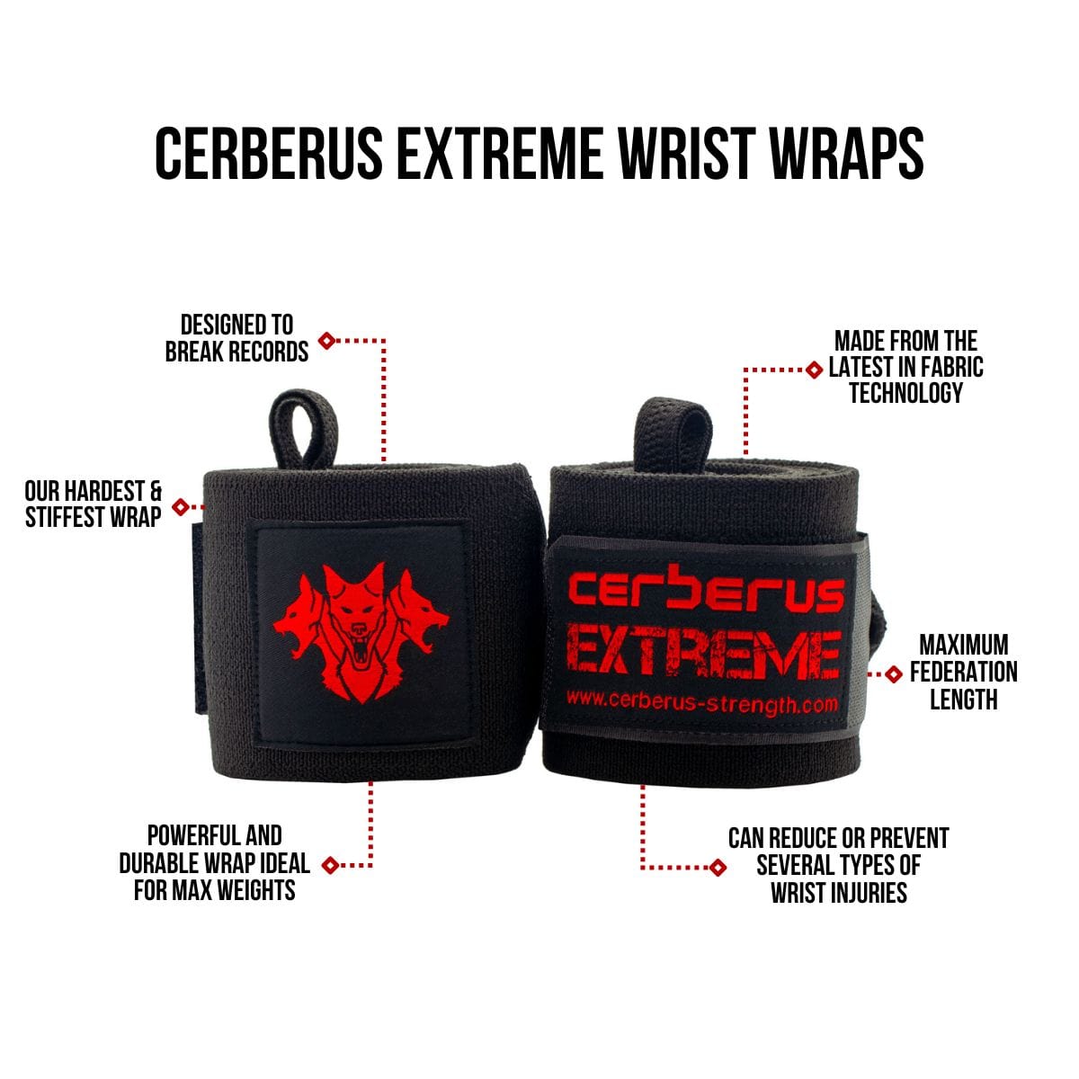 Cerberus Extreme Wrist Wraps – Stiff Powerlifting Support (35 Inch)