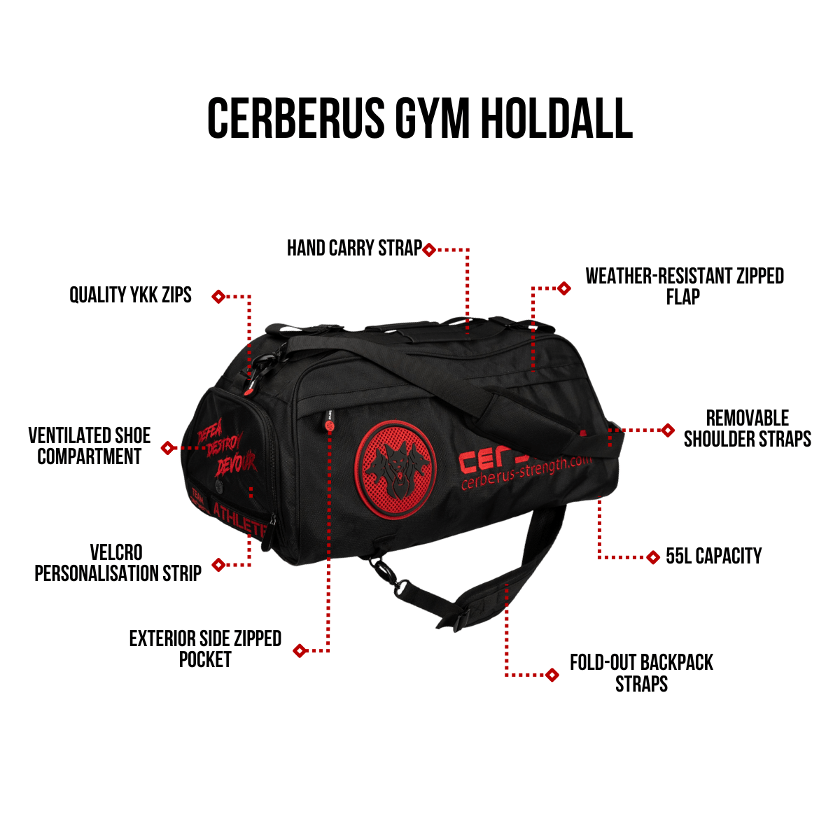 CERBERUS Strength Gym Holdall – 55L Convertible Backpack Duffel Bag