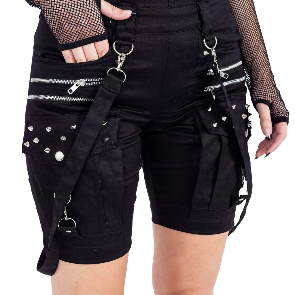Chemical Black Trinity Dungaree Shorts – Gothic Spike Studded Cotton