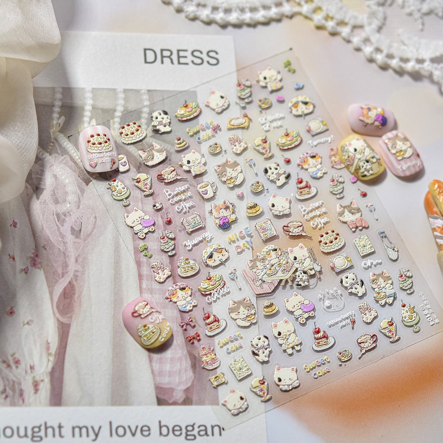 LuLuFun Studio Cherry Cake & Kitty Nail Deco Stickers - DIY Nail Art