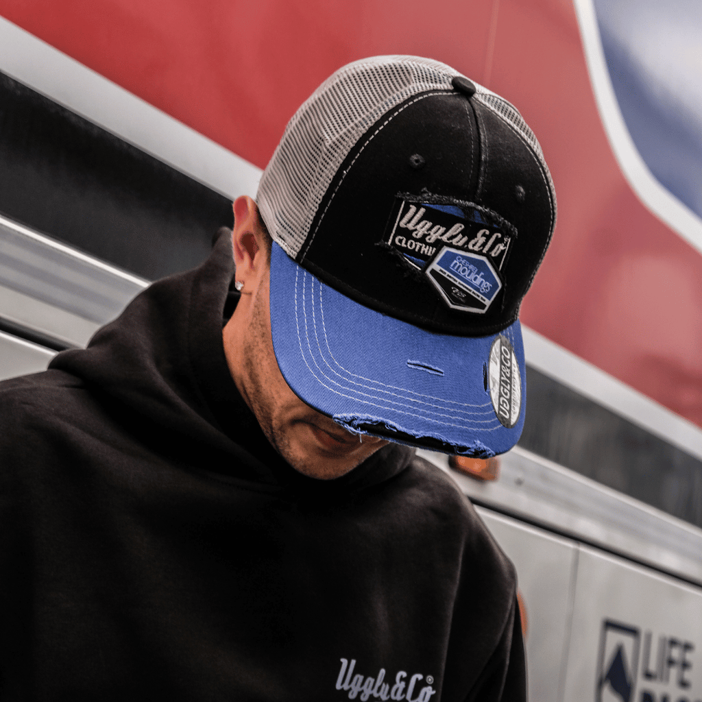 Uggly and Co x TAS Racing Diamond Trucker Hat – Black and Blue Mesh Cap