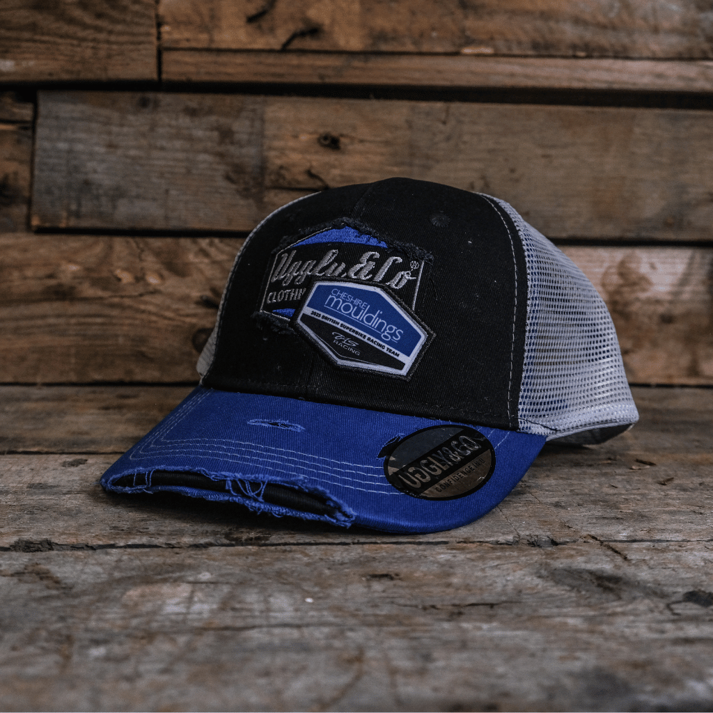 Uggly and Co x TAS Racing Diamond Trucker Hat – Black and Blue Mesh Cap