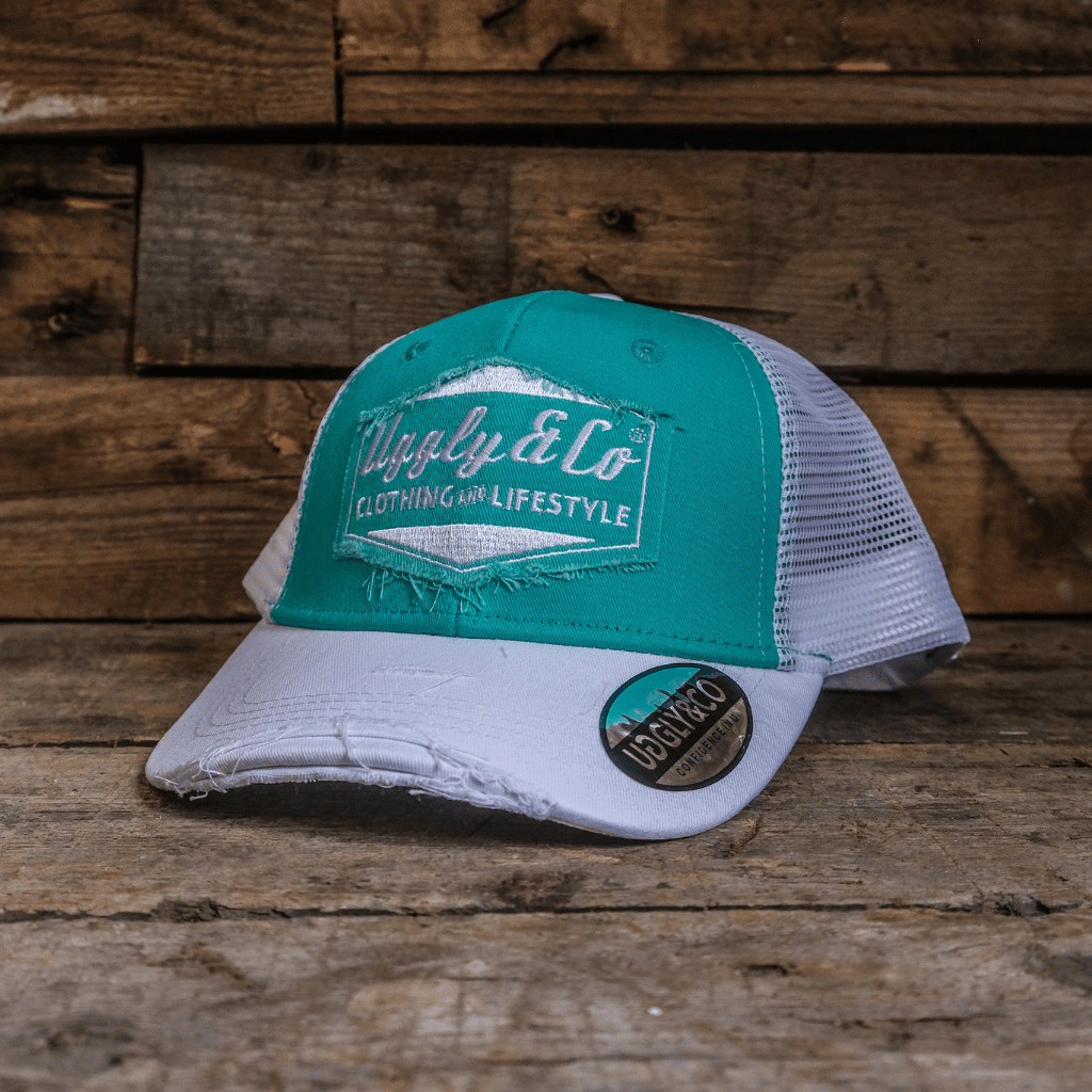 Uggly & Co Turquoise & White Diamond Trucker Hat – Vintage Distressed Cap